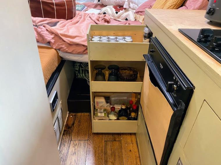 Campervan storage sliding pullout pantry