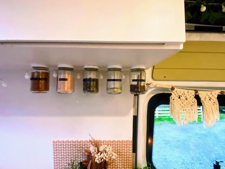 Campervan kitchen storage hanging mason jars