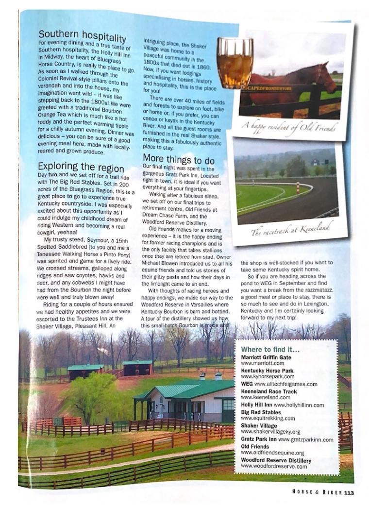 Journalist Kate Hammaren expores Kentucky USA for Horse&Rider magazine